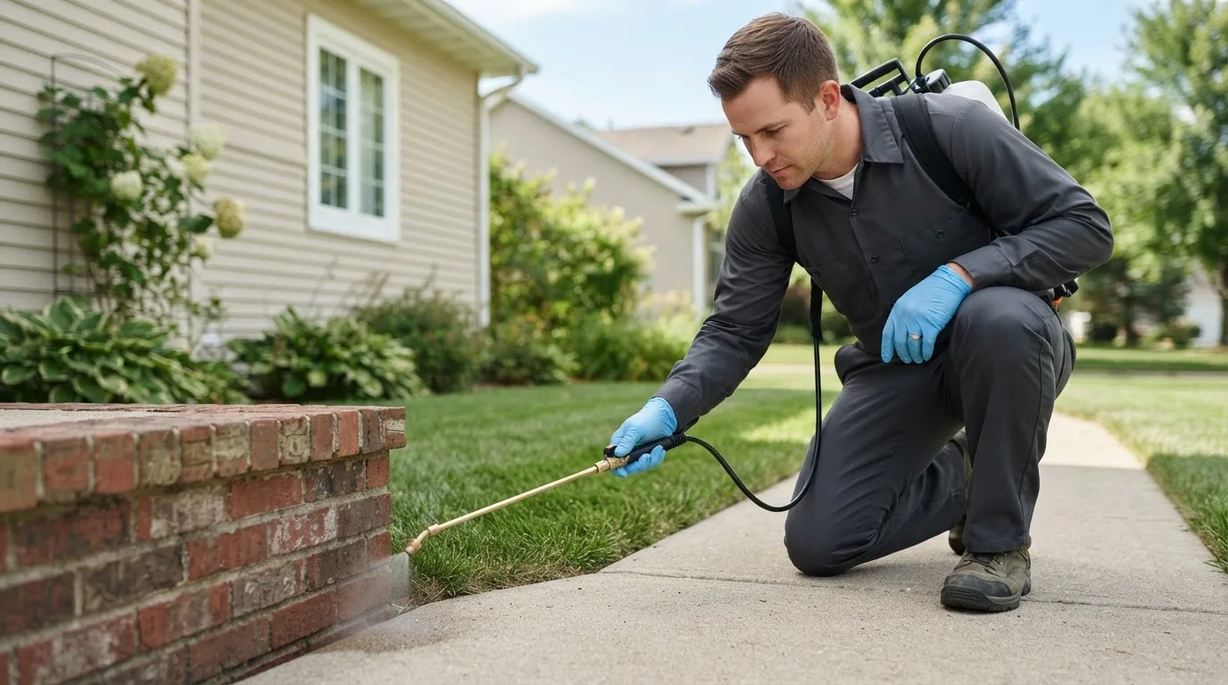 Pest control technician treating a home near Nampa, ID